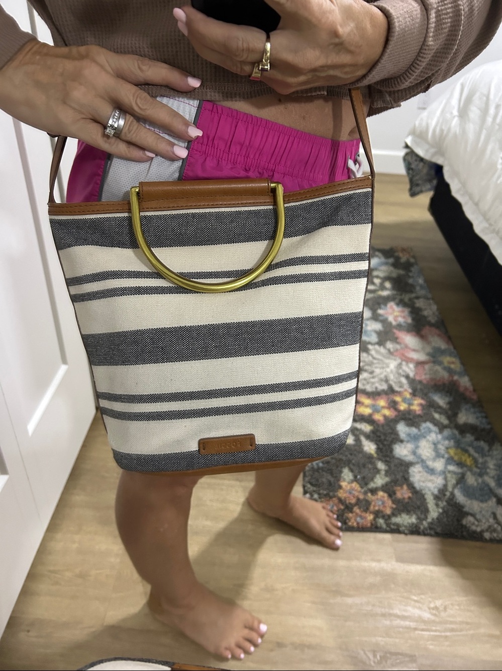 Fossil Amy  Bucket Bag Canvas Crossbody Boho Nautical Coastal